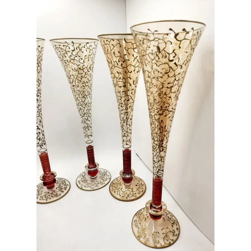 Pier 1 Fluted Champagne Glasses P1C8 Gold Filigree Red Stem Set of 6 Vintage